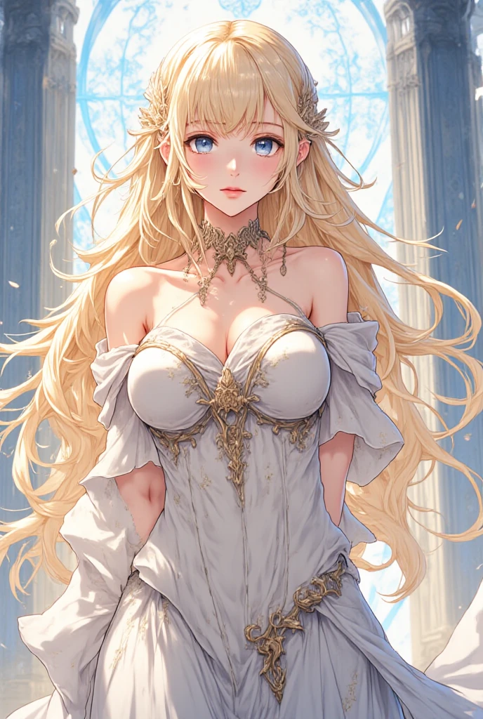 Medium blonde wavy hair, light blue eyes, medium/small breasts, thin hips, revealing dress, adorable, topless, distressed, princess