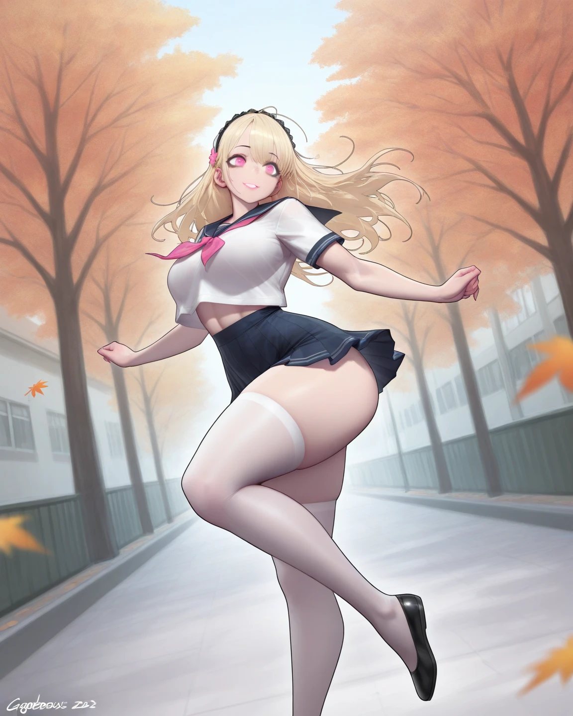 masterpiece, best quality, highres, blue eyes, serena \(pokemon\), 1girl, solo, thighhighs, long hair, hat, jewelry, bracelet, black thighhighs, collared shirt, pleated skirt, red skirt, sleeveless, high-waist skirt, sleeveless shirt, eyelashes, pink headwear, black shirt, eyewear on headwear, full body, field, smile, closed mouth, from below, thick thighs, looking down at viewer, upskirt,