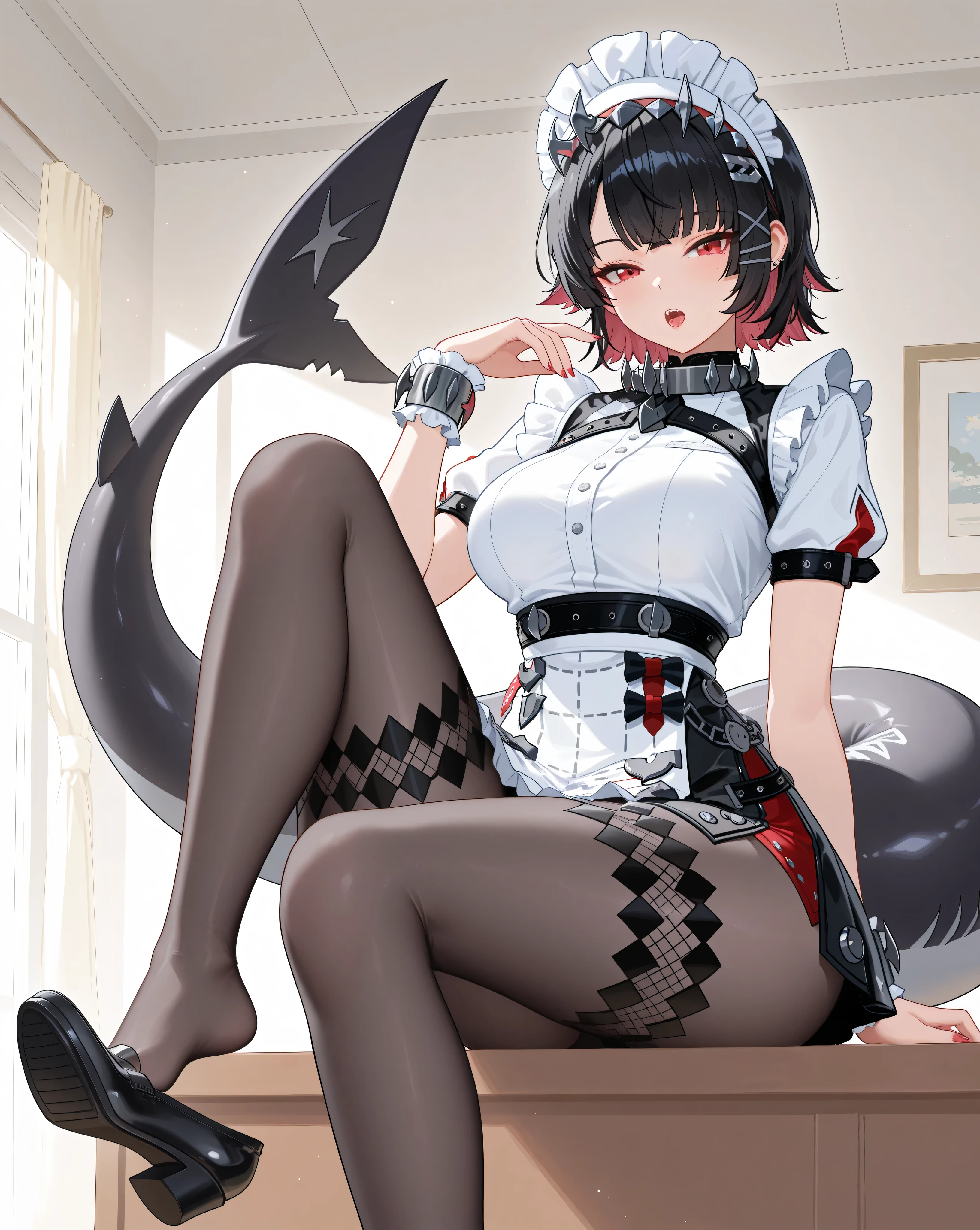 (dynamic pose, adult Ellen Joe:1.0, Ellen Joe loafers, shoe dangle:2.0, Ellen Joe Outfit:1.0, transparent Ellen Joe pantyhose:1.0, shark tail, seductive eyes:4.0, detailed face, detailed mouth, small waist:1.0, wide hips:1.0), black hair, Ellen Joe headdress, red eyes, 1woman, alone, masterpiece, detailed face, perfect hands, perfect eyes, beautiful background
