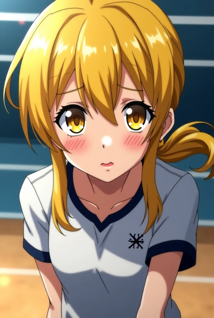 mastute piece,Best Quality,insanely detailed,8k cg,nsfw,
(shoot upper body:1.3),
(1girls:1.3),standing,looking at viewr,body in front,both arms behind back,(badminton-uniform:1.3),(bare breasts:1.2),(bare nipples:1.2),
break,
blush,shy,(ecstasy face),(trembling:1.2),break,(light yellow hair:1.3),
break,
perfect breasts,perfect teats,(open mouth:0.9),(large breasts:1.2),
(badminton-court),