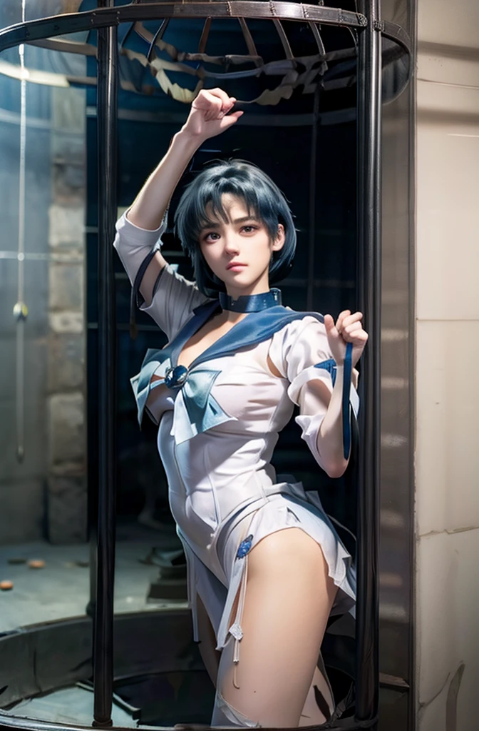 one girl, stand up, happy, sexy, asian college dress, maquiagem, covering her breasts, Lips are soft or colored, blue hair, cabelo azul, fundo simples, sexy, erotic, stand up, postura ereta, provocante, surprised facial expression, simple lighting and texture, begie background, feet, school, pose dinamica, cabelo longo
