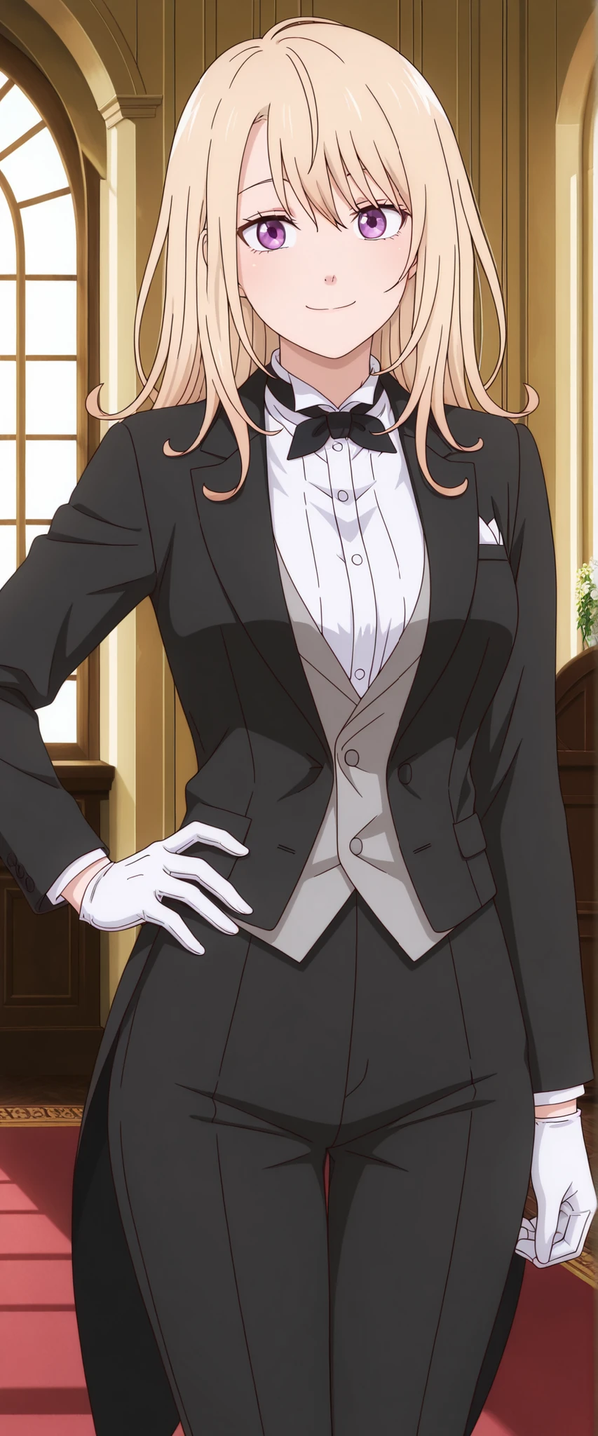 masterpiece, best quality, amazing quality, very aesthetic, absurdres, photorealistic, 1girl, solo,kawaimona, blonde hair, long hair, purple eyes, anime coloring, tuxedo tailcoat, butler, pants ,, woman in a formal suit,she's looking at the camera with a calm smile,,, indoors,smile,, gloves ,masterpiece,best quality,amazing quality, ,, hand on hip,,,,