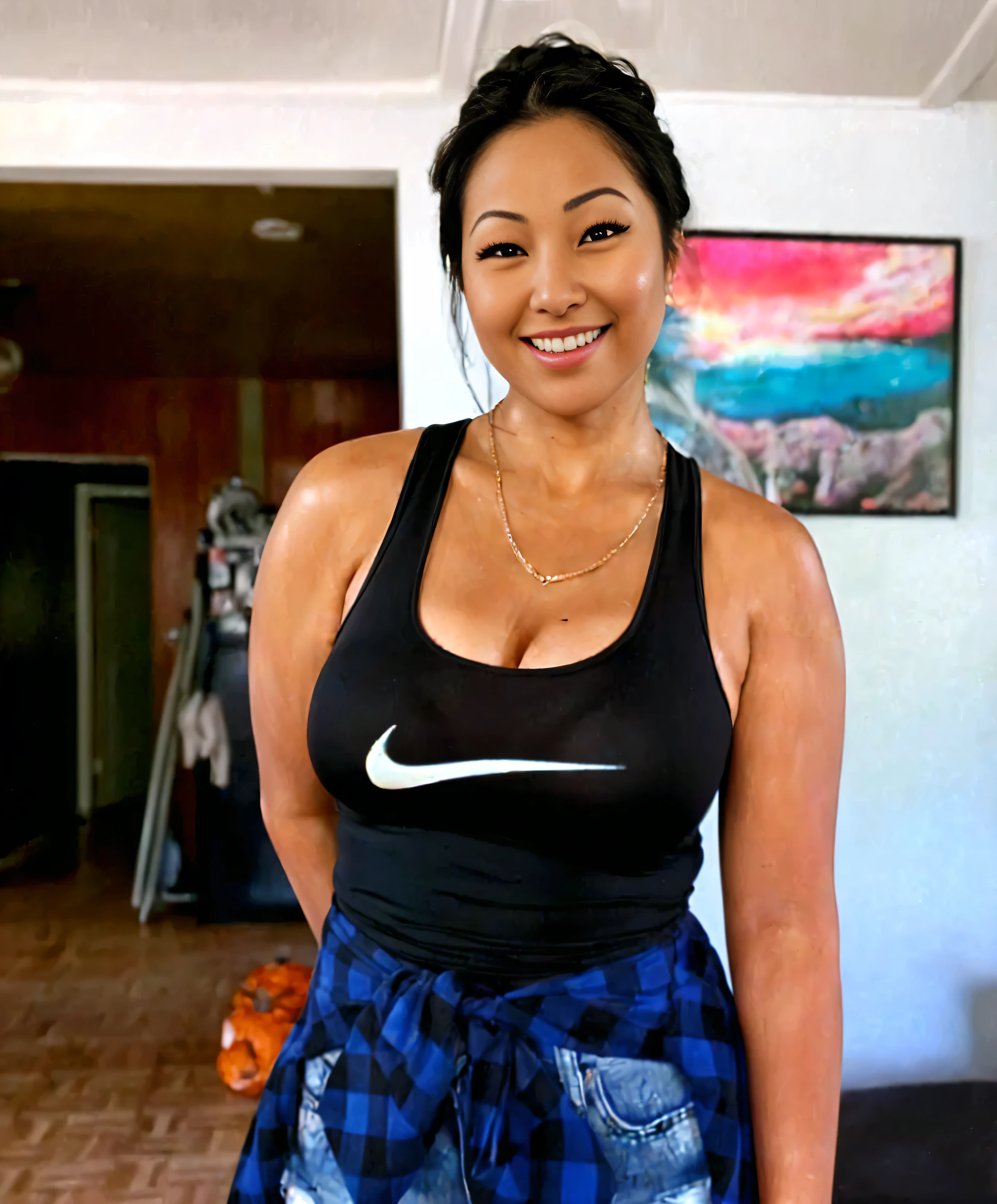 (((PORE LEVEL DETAIL!!!))) (WET SHINY SKIN) BUSTY SEXY Japanese girl smiling ((Perfect detailed teeth)) in black top and tied blue plaid shirt around her waist, thin gold chain necklace, shiny black hair, captivating and enticing, (Detailed perfect facial details), (((ultra detailed skin, Lifelike, 4k hd, DSLR, lifelike, masterpiece, natural lifelike perfect color, perfect clear lighting, breathtaking lifelike details, perfect anatomy, super detailed skin, beautiful face ultra-detailed hyper detailed face、Detailed lips、A detailed eyes, (realistic, photorealistic, photo-realistic:1.37) (Realistic), (RAW Photography), ((best quality)), (Detailed perfect facial details), ((((hyper real photo, hyperrealistic, hyperrealistic picture)) , perfect anatomy, super detailed skin, (((ultra detailed skin, Lifelike, 4k hd, DSLR, lifelike, masterpiece, natural lifelike perfect color, perfect clear lighting, breathtaking lifelike details