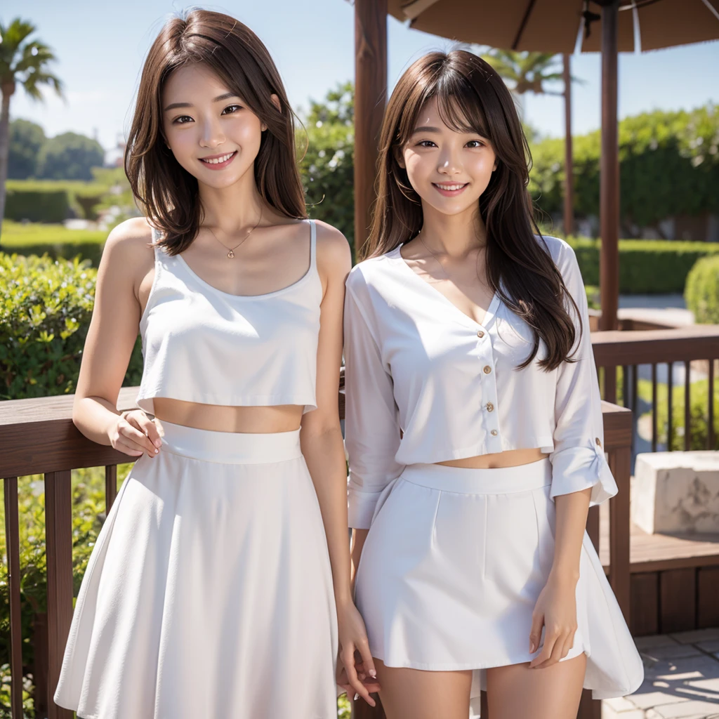 A big white leg，Delicate skin，Little white shoes and white socks，Miniskirt to show the belly，A beautiful girl with a smile and sexy sunshine with a raised chest stands in the sea of flowers, picking flowers and holding a basket of flowers，Dancing，Picking flowers