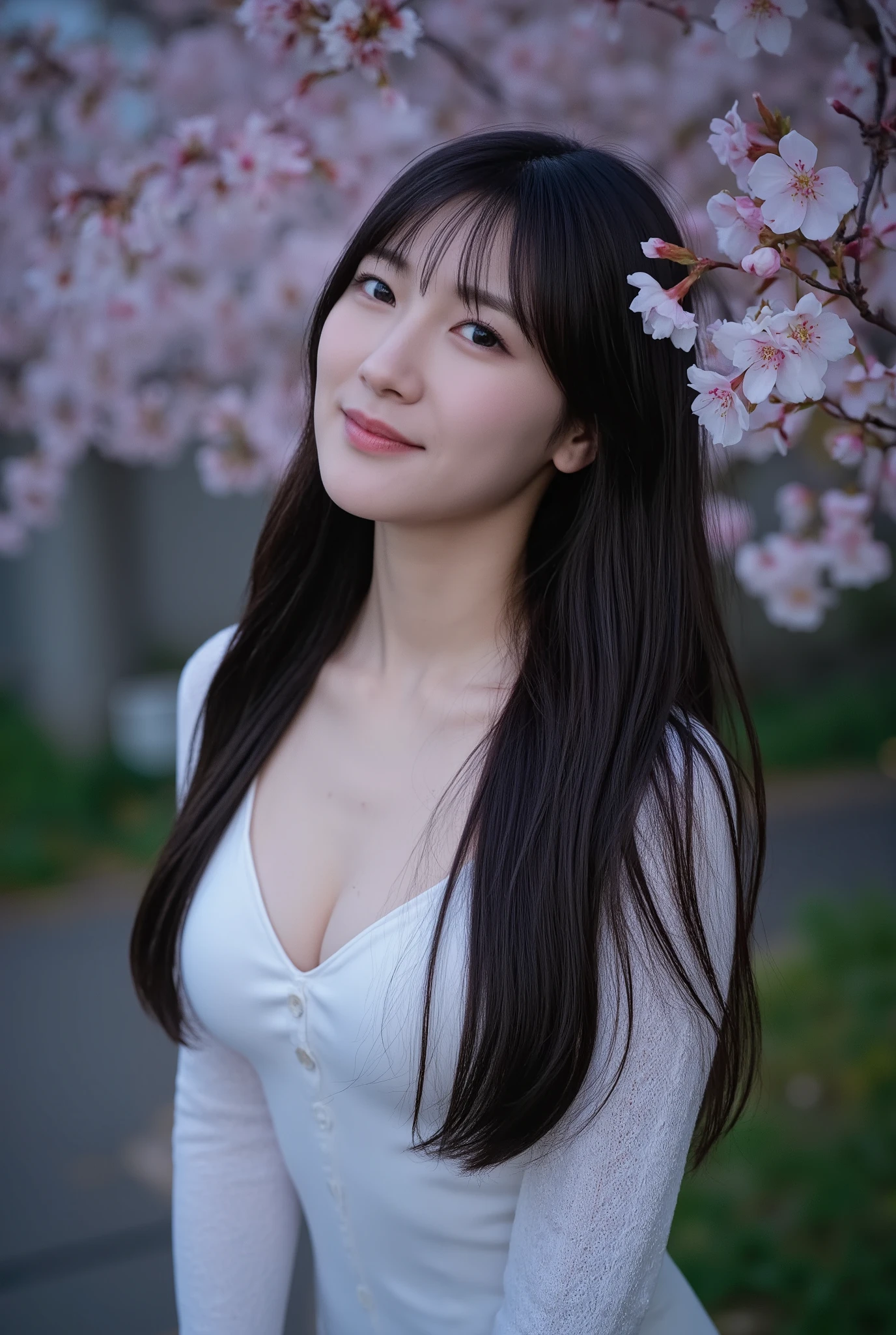 (mature adult woman wearing a leotard1By people),beautiful black hair,(((super straight hair))),((long hair)), realistic person images in dark waters,Realism,best quality,mastepeice,top quality,Max Video Quality,highest resolution,FINE DETAILS,Beautiful detailed face,black eyes,((realistic skin)),detailed background,( Exact Upper Body),(perfect upper body),(upper body),((Realismのある肌)),(smiles),((((super big )))),((((wearing a white sweater and looking at me up)))),(((((walking through the late-night cherry blossom trees))))),((((Large breasts))),(((((staring at me up close))))),(((outdoor))),(((wearing a long floral skirt))),(((((Close to the cherry blossom trees in the middle of the night))))),(((large size breasts))),(((They're staring at me nearby))),((((highlight your upper body near the cherry blossom tree)))),