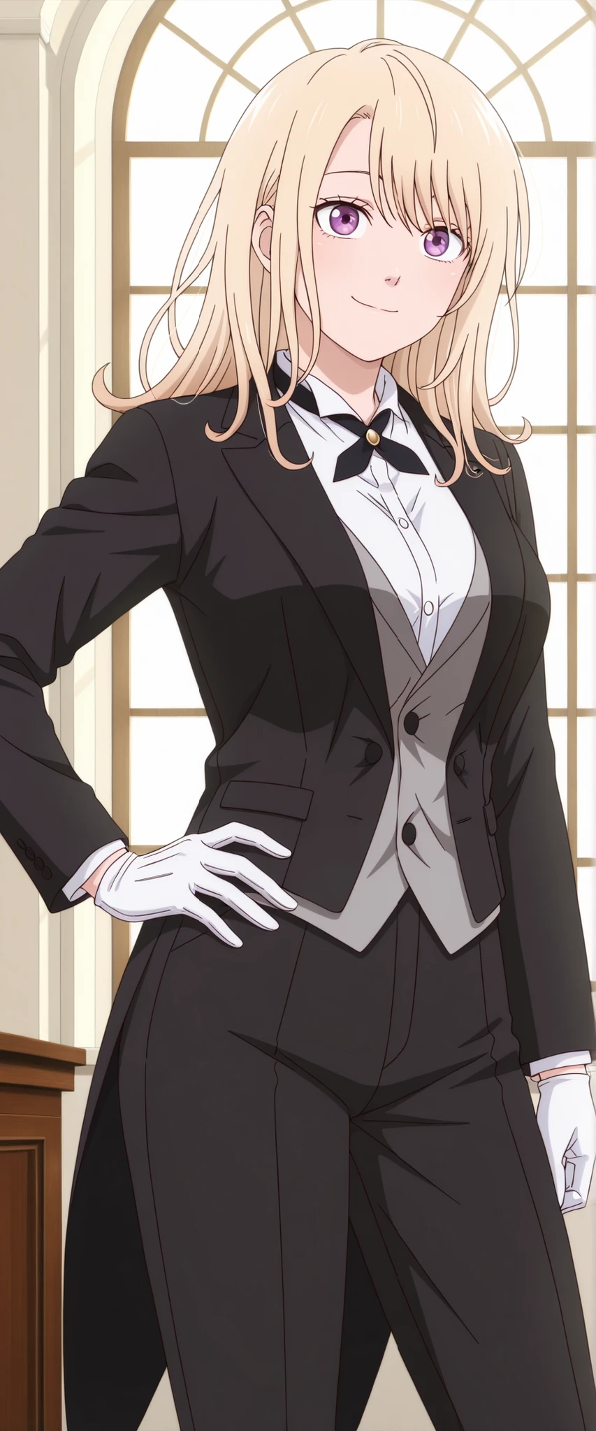 masterpiece, best quality, amazing quality, very aesthetic, absurdres, photorealistic, 1girl, solo,kawaimona, blonde hair, long hair, purple eyes, anime coloring, tuxedo tailcoat, butler, pants ,, woman in a formal suit,she's looking at the camera with a calm smile,,, indoors,smile,, gloves ,masterpiece,best quality,amazing quality, ,, hand on hip,,,,