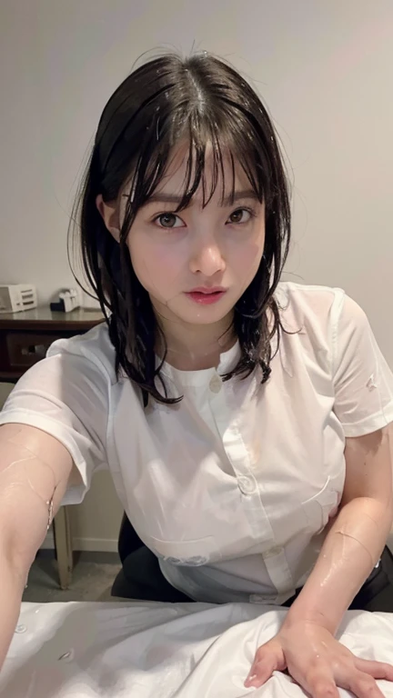 (Highest quality, 4K, 8k, High resolution, masterpiece:1.2), Very detailed, (Realistic, photoRealistic, photo-Realistic:1.37)、smile、Japanese、(Black High Neck Sleeveless Shirt)、(((Bukkake)))、Lips parted,