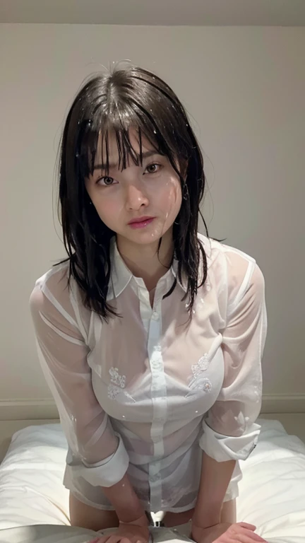 Best quality, masterpiece, ultra high res, (photorealistic:1.4), raw photo, 1girl, DARK hair, shiny skin, WET BODY, dramatic lighting, full body, bitch, (((naked on business collared white shirt sleeveless))), flat chest breasts