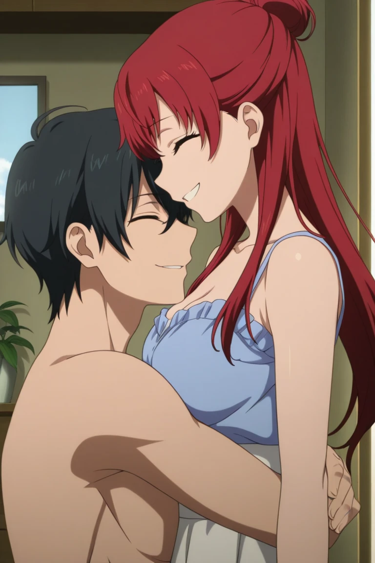 1boy, black hair, boy is behind girl, breast grope from behind, lick shoulders from behind, grab chest from behind, 1girl, red hair, blush, naked, medium breast, nipples, pink nipples, white panties, cute, love, couple, adorable, dating, open mouth 😩, green eyes, open eyes, indoors, night, passionate hug, lie on bed