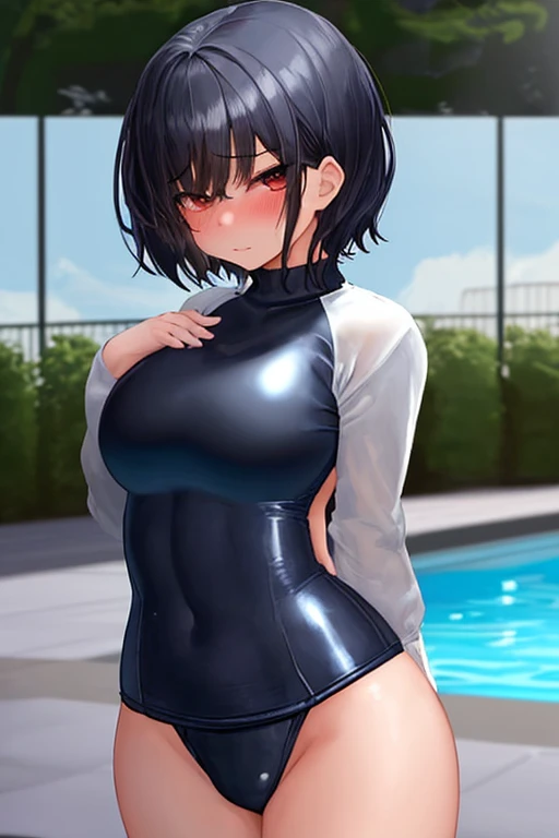 NSFW、Arms raised to show armpits、Bare crotch、Bare thighs、belly button、(Big Tits、Big Breasts、Transparent breasts)、(Erect nipples、Sexy black swimsuit、Sexy black swimsuit one piece、Semi-transparent black lace one-piece swimsuit)、(Big Tits、Big Breasts)、(tall、Toned body、slim body、Brown Skin、Sunburn、Big Breasts)、(Slanted Eyes、Dark Eyes)、(Sexy look、Erotic look、Estrus、Lust)、((black hair medium straight、Black hair medium bob))、School、Pool、Female teacher, 23 years old、Rumiko Honjo、((masterpiece))、((Highest quality))、((detailed)、((Adult female))、photograph、美しくdetailedな顔、detailedな目、独奏、