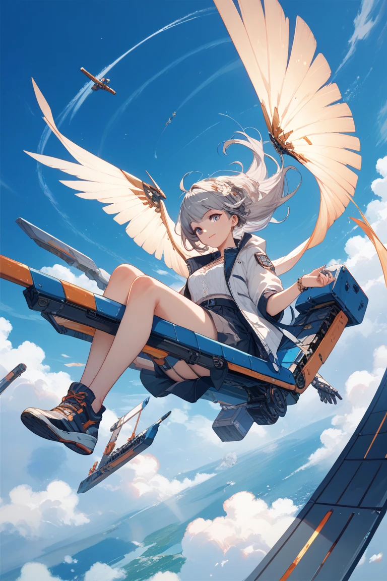 absurdres, best quality, motivatedchair,  <lora:Chair:0.5>, motivatedchair, sitting, 1girl, solo, from below, midair, flying, sky, floating object, floating