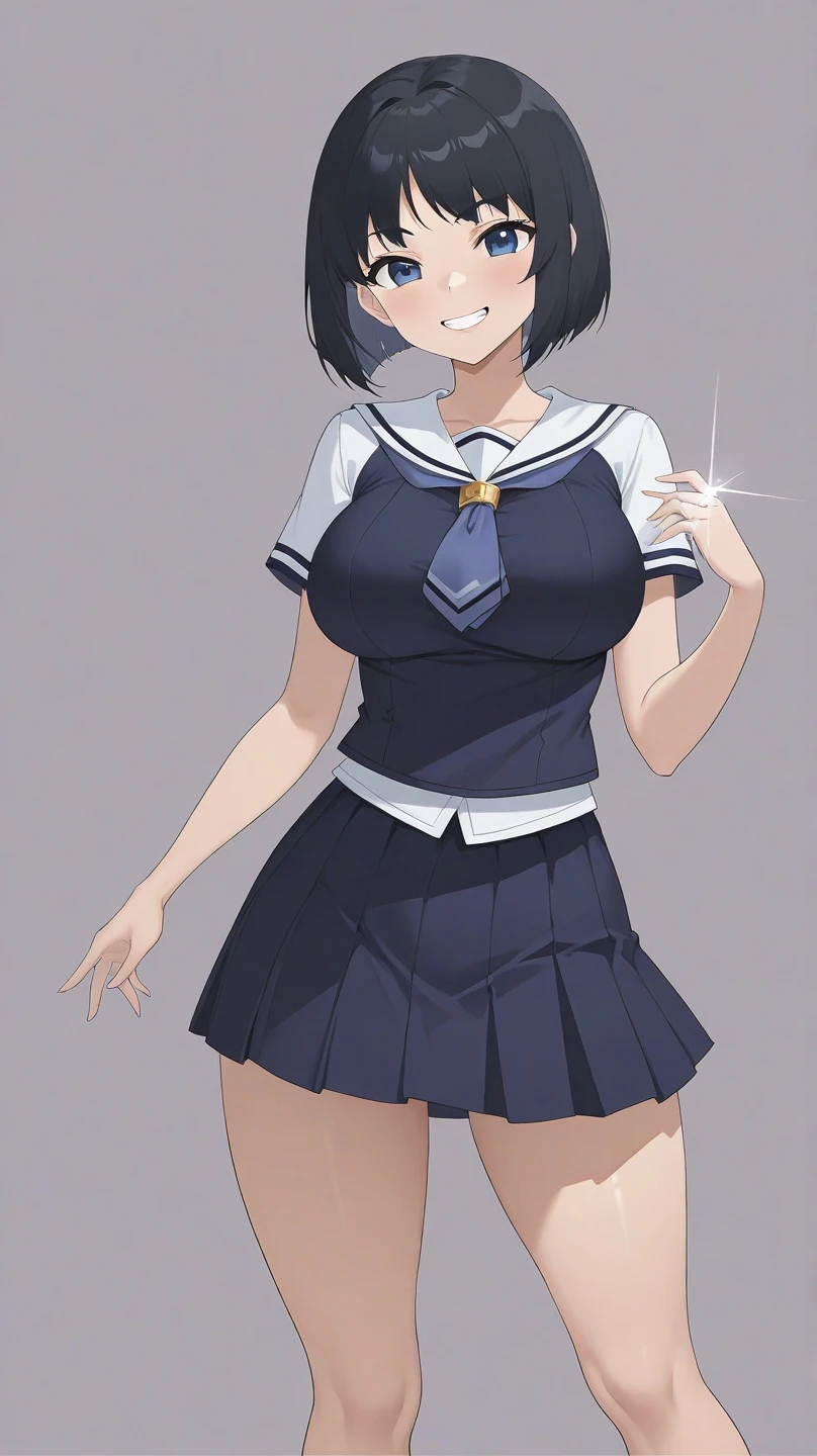 (8k、Best image quality、highest quality、masterpiece)、Detailed face、((One ))、Black Hair、Bobcut、Blunt bangs、Bright Blue Eyes、Wicked Smile、((Grin))、((Big Breasts))、White shirt and pleated skirt、((High school girlini skirt))、Black Pantyhose、Cowboy Shot、salute、Urban background、Detailed people