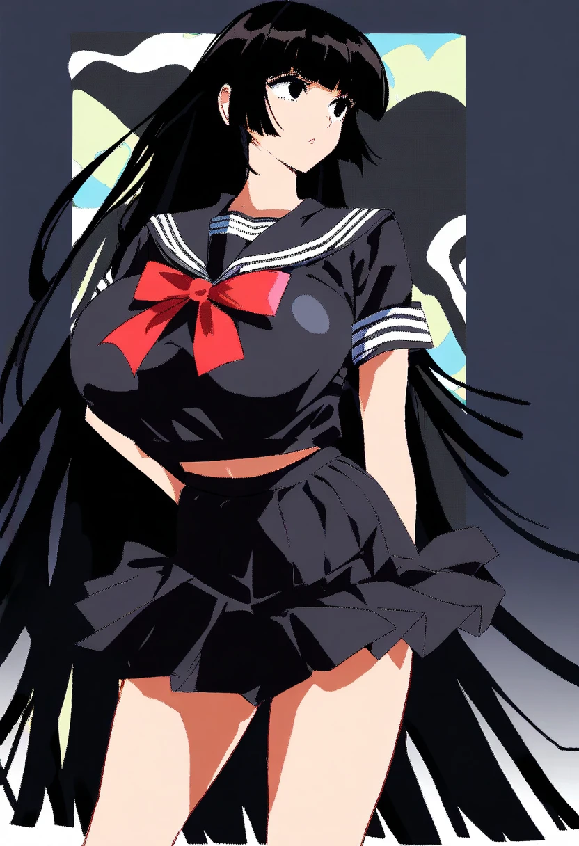 TheSpirit, floating hair ,((blue skin)),green eyes,navel, solo, beach, close up, blush,black skirt, SpiScho,very Long hair, fingernails, black stockings,huge black thighhighs, (insanely detailed, beautiful detailed face, masterpiece, best quality), spread legs, grab belly, ((fitted crop top)),wide hip