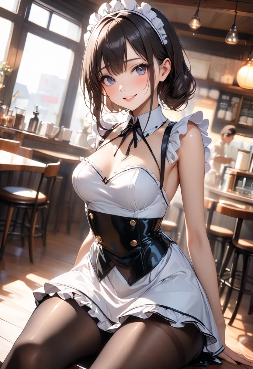 (perfect anatomy, anatomically correct, super detailed skin), 1 mature woman, solo, japanese, (detailed ultra-oily shiny skin:1.1), watching the view, (smile:1.5, happiness),
beautiful hair, beautiful face, beautiful detailed eyes, blue eyes, (long hair:1.4, side ponytail :1.7), blond hair, (large breasts:1.2), (cute face), (Ideal ratio body proportions),
beautiful clavicle, beautiful body, beautiful chest, beautiful thigh, beautiful legs, breast, bare foot, bare arm, slender, small buttocks, skinny legs,
(stylish hair ornament, frilly maid style costume, (maid cafe costume, pleated mini-skirt:1.5, sheer thin panties:1.2)),
(beautiful scenery), concafe, ((stylish maid cafe)), maid cafe popular staff, menu card, name tags, drinks, food,
(8k, top-quality, masterpiece:1.2, extremely detailed), (photorealistic), beautiful art, visual art, depth of fields, cinematic lighting, surrealism, elaborate design,