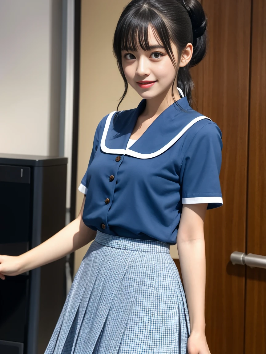 (Highest quality: 1.3), (masterpiece: 1.3),8K,Cinematic lighting,Official Art,One Young Woman, 14 years old, A face that looks young、Idol cuteness:1.5, Beautiful Face:1.5、double eyelid、Fine grain、Glossy lips、Long brown hair, Wear a sailor uniform,Short sleeve,Pleated skirt,(Ultra Mini Skirt:1.5), sitting at a desk in the classroom, (smile),(Slim body:1.2)、(Thin arms:1.2)、Large Breasts、White lace panties、Photographed from the knees up、