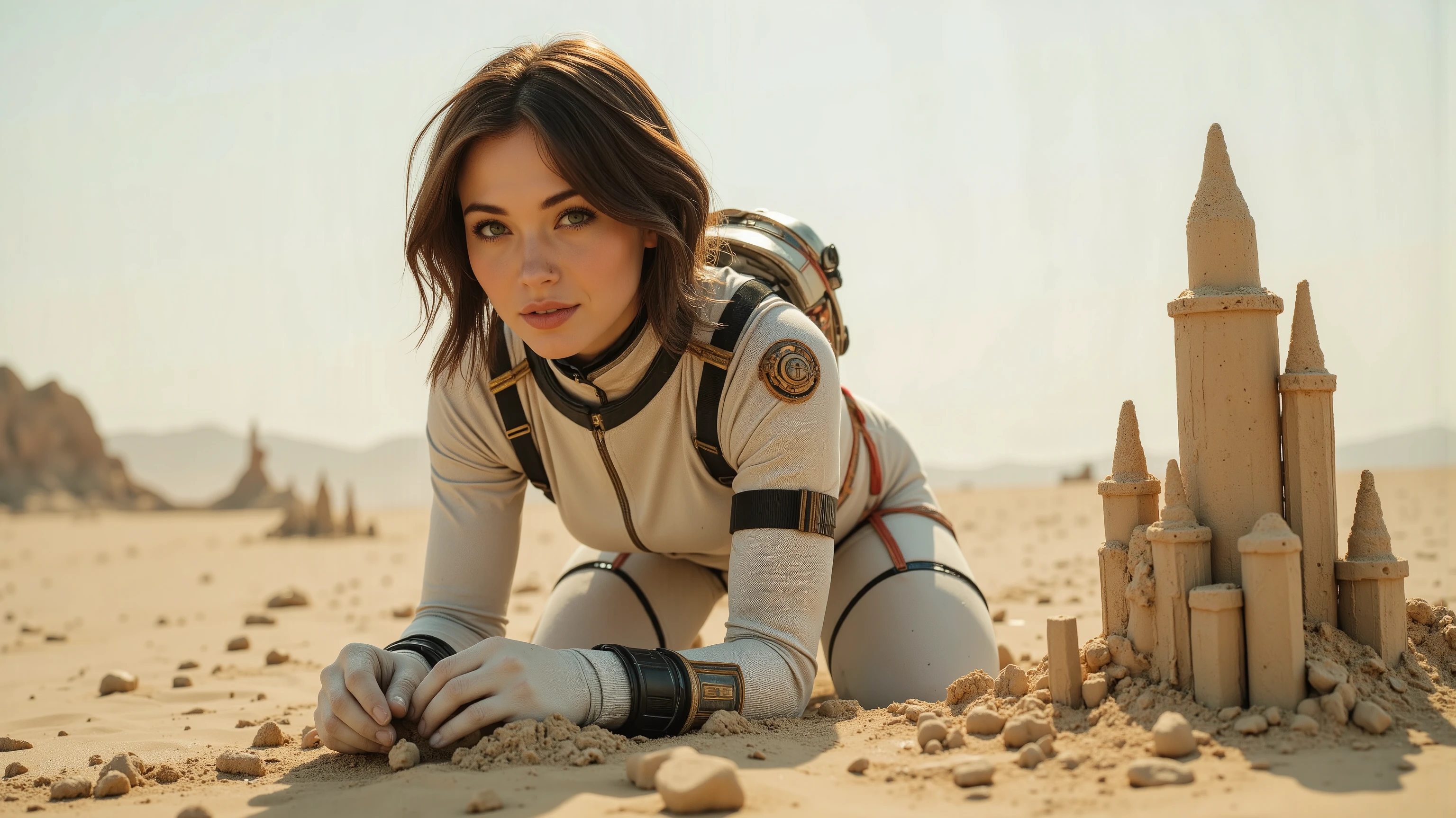 A young woman in a futuristic space suit, kneeling on a sandy planet, building intricate sandcastles with a serene expression. The scene is framed mid-shot, with the vast, barren landscape of the planet in the background. Soft, diffused lighting highlights the details of her suit and the sandcastles. The composition centers on her hands as she carefully shapes the sand, with a sense of tranquility and focus. extremely detailed realistic natural skin with skin pores, perfect face, highly detailed face and lips, ray tracing, UHD, HDR, 16k, DSLR, masterpiece, photorealistic, award-winning