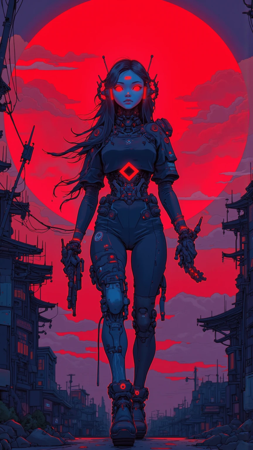drawn style, anime style, solo,
surrealism, dark tones, cyberpunk warrior, glowing red moon, silhouette,
<lora:Splash_Art_SDXL:0.8> mad-cbrpnksplshrt,
