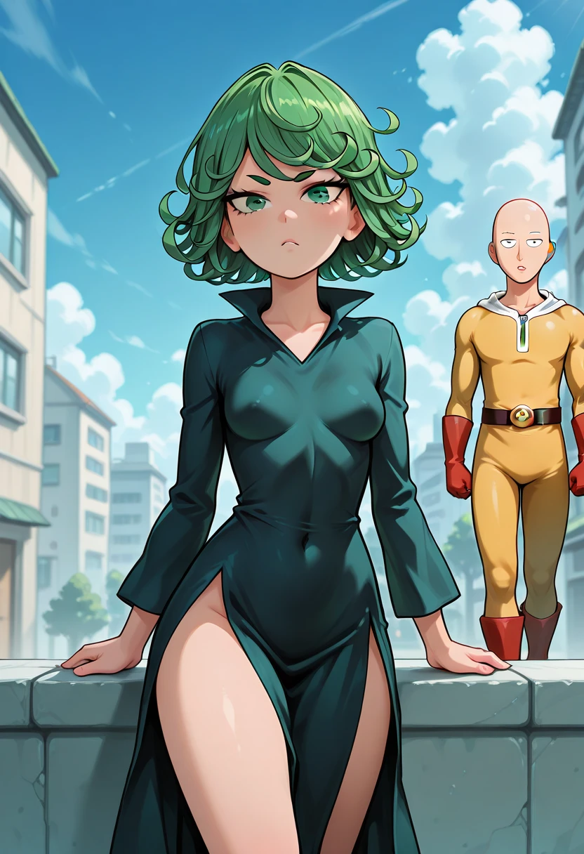 I want you to make Saitama and Tatsumaki from One Punch Man in the courtyard of a mansion