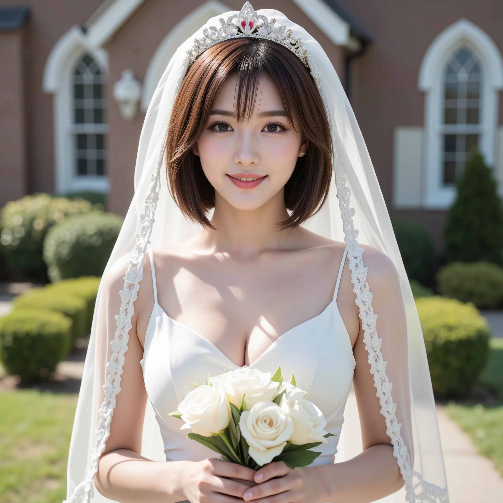 NSFW, (Highest quality), (Ultra-precise CG 16K wallpaper), (Realistic), (High saturation), (Sharp), Beautiful detailed shading, Beautiful natural lighting, Beautiful detailed glow, (Afternoon sunlight), Natural light, Depth of field, (Mature 24-year-old woman, One person), (Beautiful Japanese face with golden ratio), (Straight bob hair), (Shiny brown hair), (Sparkling eyes), (C cup size breasts), (Cleavage), (Beautiful breasts), (Beautiful legs), (Beautiful skin), Beautiful proportions, (Woman smiling with mouth open: 1.4), (The woman is looking at me), (Woman wearing a white wedding dress with a veil), (Wearing a tiara), (Posing with a bouquet in both hands), (Church), (Full screen image), (Angle of view from woman's head to chest), (Image of woman seen from diagonal front), (Woman standing in front of church),