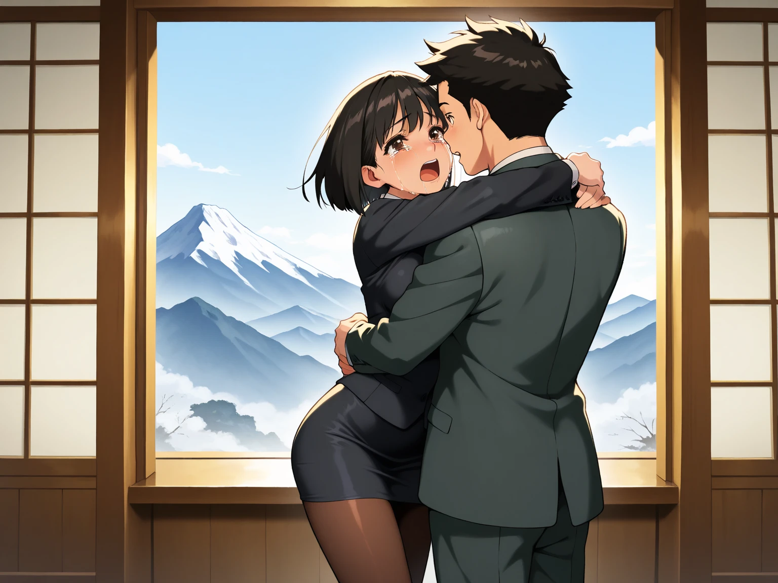 SFW, masterpiece,night, VERY crowded train detailed scenario, standing (1middle age man, wrinkle face, black hair,bangs swept to the right side, Middle aged man behind girl, touching chest, breatsgrope from behind, grab, grabbing chest,chestgrab behind back, hold breast, hug back, hugging, neck kiss,1girl, bangs, black hair, small ponytail with red ribbon, short hair, blush, brown eyes, collared shirt, long sleeve white shirt buttons, unbuttoned yellow vest, partially unbuttoned shirt, open shirt, cleavage, medium breast, gray short skirt,) , 1boy, buzzcut, muscular, brown eyes, , 1middle aged man ass groping 1girl from behind,sweaty 1middle aged man pressing his chest on 1girl back and holding her waist,