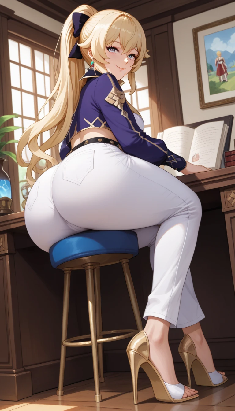 Favonious uniform, Thin, fit, looking at viewer, back turned, looking back, default clothing, blushing, smirk, smiling, teeth, horny, flirty, Jean,massive ass, ass