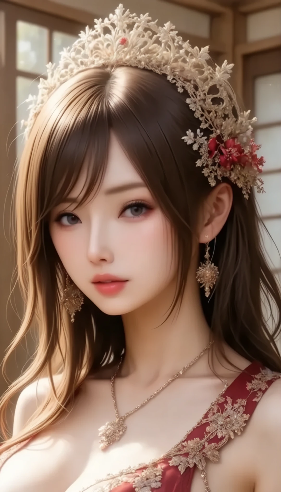 (Masseter membrane 、high quality、 Ukiyo-e style 、mystery、Absolutely beautiful、Official Art、Sharaku:1.2)、( 1 girl :1.3)、(fractal art:1.3)、cowboy shooting、white skin、(Beautiful Brunette、object:1.2)、 performing arts based on Japanese traditions、colorful、(reel、Japanese Style:1.2)、Light human skin、legs, camel toe showing thighs!!!、