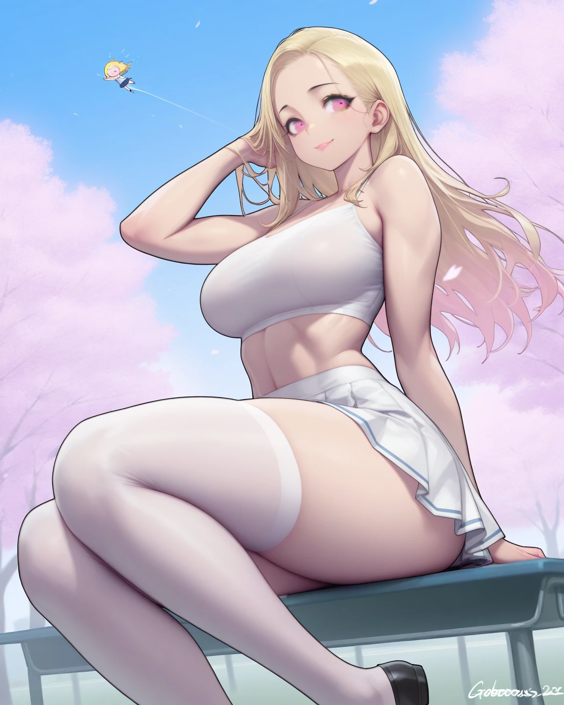 A very cute girl sitting on floor, and wearing a white extreme micro bikini in a beautiful park)), ((smug look)), (big breasts :1.4), (open her legs), ((public hair)), wearing white wet panties, intricate details, masterpiece, best quality, (a beautiful caucasian girl with beautiful gorgeous light blonde hair, white skin,