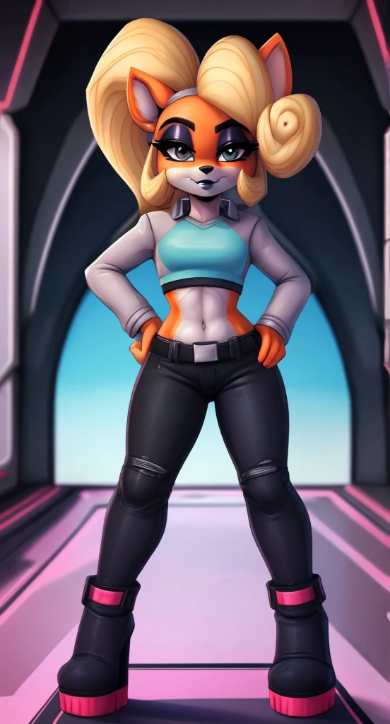 sexy anthropomorphic girl, 2 comic panels, wearing black shorts, white fur, thick thighs, high quality, crisp, bored expression in first panel, Changes into a robot in the second panel, in the furry animation style in comic aesthetic 