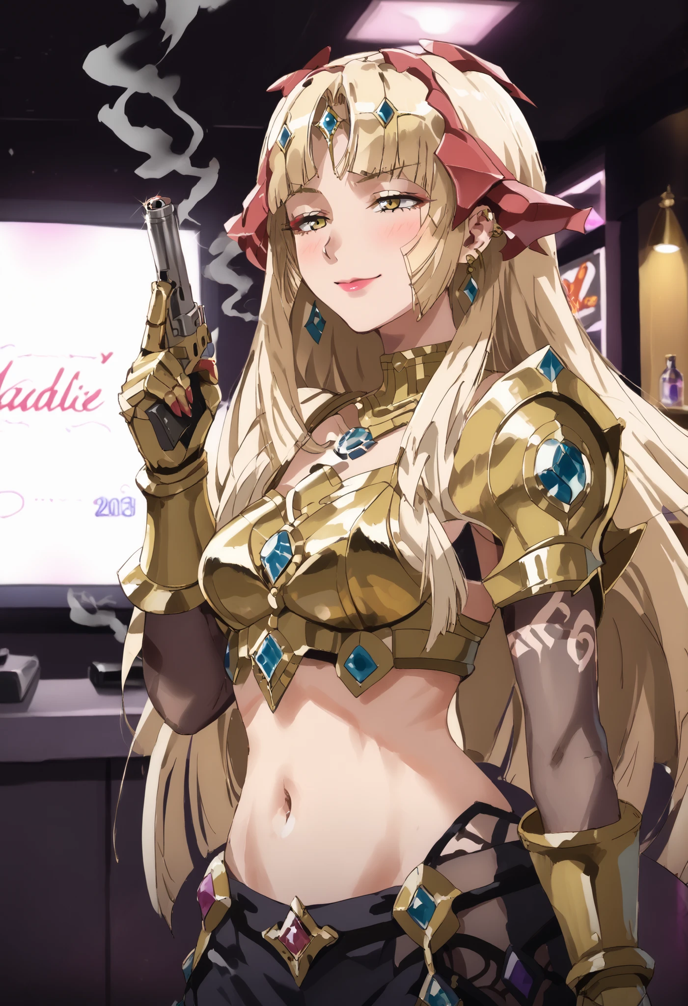fine beauty , finearmoryellow, Alone, 1 girl, long hair,, Blonde, yellow eyes, large chest, very long hair, , bangs, blunt bangs, gloves, , gauntlets, bangs, blunt bangs, , ear piercing, long hair, blush, lipstick,Hot girl, baddie, smoking, sensual, attractive, smile, belly button, gold armor with open chest, nail, gem, pencil skirt, standing, s watching viewers, evil expression, malicious laugh,, ear piercing, long hair, blush, lipstick,Hot girl, baddie, smoking, sensual, attractive ,bar background, inside bar,indoors, cityscape, casino, nightclub, city lights, , , , dragon tattoo , narrowed eyes , tattoo midriff ,, holding a gun, holding pistol, , dragon tattoo , narrowed eyes , tattoo midriff , anipai_style , anime screencap , anime coloring