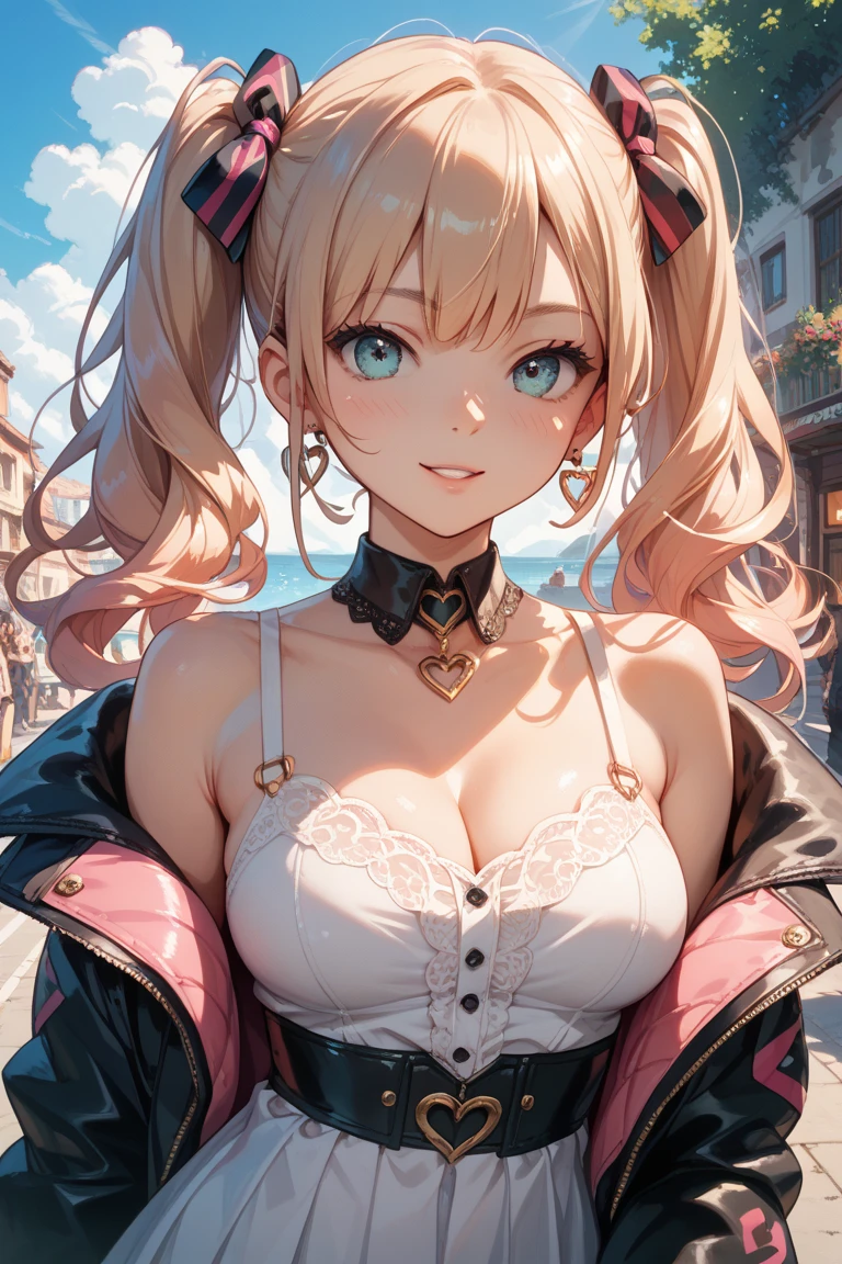 illustration, best quality,  ultra detailed, detailed illustration, dynamic angle, 1girl, short blonde hair, sunglasses, head scarf, medium breasts, black bikini top, short shorts, maroon leather jacket, standing straight, flirty smile