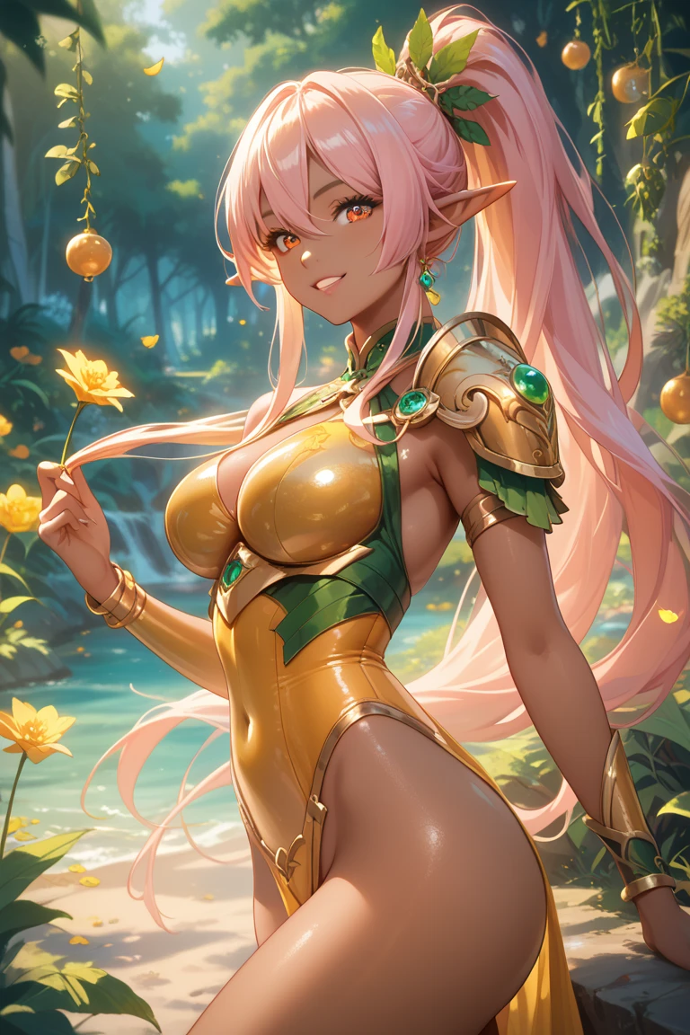 A beautiful anime style plant girl with green skin, pink hair, leaves visible on her body, a captivating smile, red eyes, dressed in a cleric outfit, hyper detailed, 8k, photorealistic, masterpiece, vibrant colors, cinematic lighting, dramatic composition