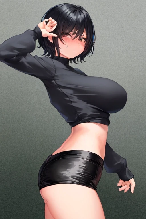 Shizuku Murasaki, 1girl, black hair, short hair, glasses, large breast, ((tight black long sleeve turtleneck shirt, underboob, torn clothes)), upper body, looking at view, from below, (masterpiece, high resolution, best quality, anime screencap, anime colored, 8k, photorealistic), denim, inverted cross chain necklace