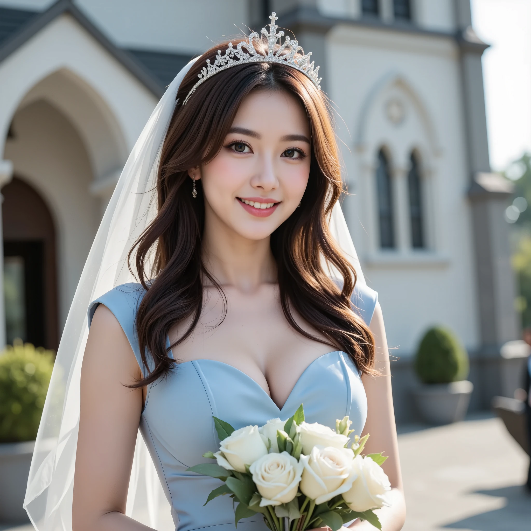 NSFW, (Highest quality), (Ultra-precise CG 16K wallpaper), (Realistic), (High saturation), (Sharp), Beautiful detailed shading, Beautiful natural lighting, Beautiful detailed glow, (Afternoon sunlight), Natural light, Depth of field, (Mature 24-year-old woman, One person), (Beautiful Japanese face with golden ratio), (Soft wavy medium hair), (Shiny brown hair), (Sparkling eyes), (C cup size breasts), (Cleavage), (Beautiful breasts), (Beautiful legs), (Beautiful skin), Beautiful proportions, (Woman smiling with mouth open: 1.3), (The woman is looking at me), (Woman wearing a light blue wedding dress with a veil), (Wearing a tiara), (Posing with a bouquet in both hands), (Church), (Full screen image), (Angle of view from woman's head to chest), (Image of woman seen from diagonal front), (Woman standing in front of church),