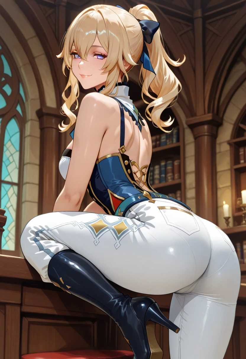 Very detailed、Highest quality、Best image quality、masterpiece、8K pixels、Anime Face、A kind smile、Open Mouth、Blonde curly hair、(Wearing a thong)、(Lean forward and turn your butt towards me:1.5)