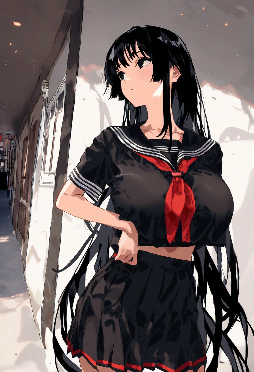 (score_9,score_8_up,score_7_up,score_6_up,score_5_up,score_4_up),(masterpiece, top quality, best quality, official art, beautiful and aesthetic:1.2), animation,, 1girl black long hair, ECPU, hip, red pleated skirt, white shirt, red scarf, side face, full body perspective ,