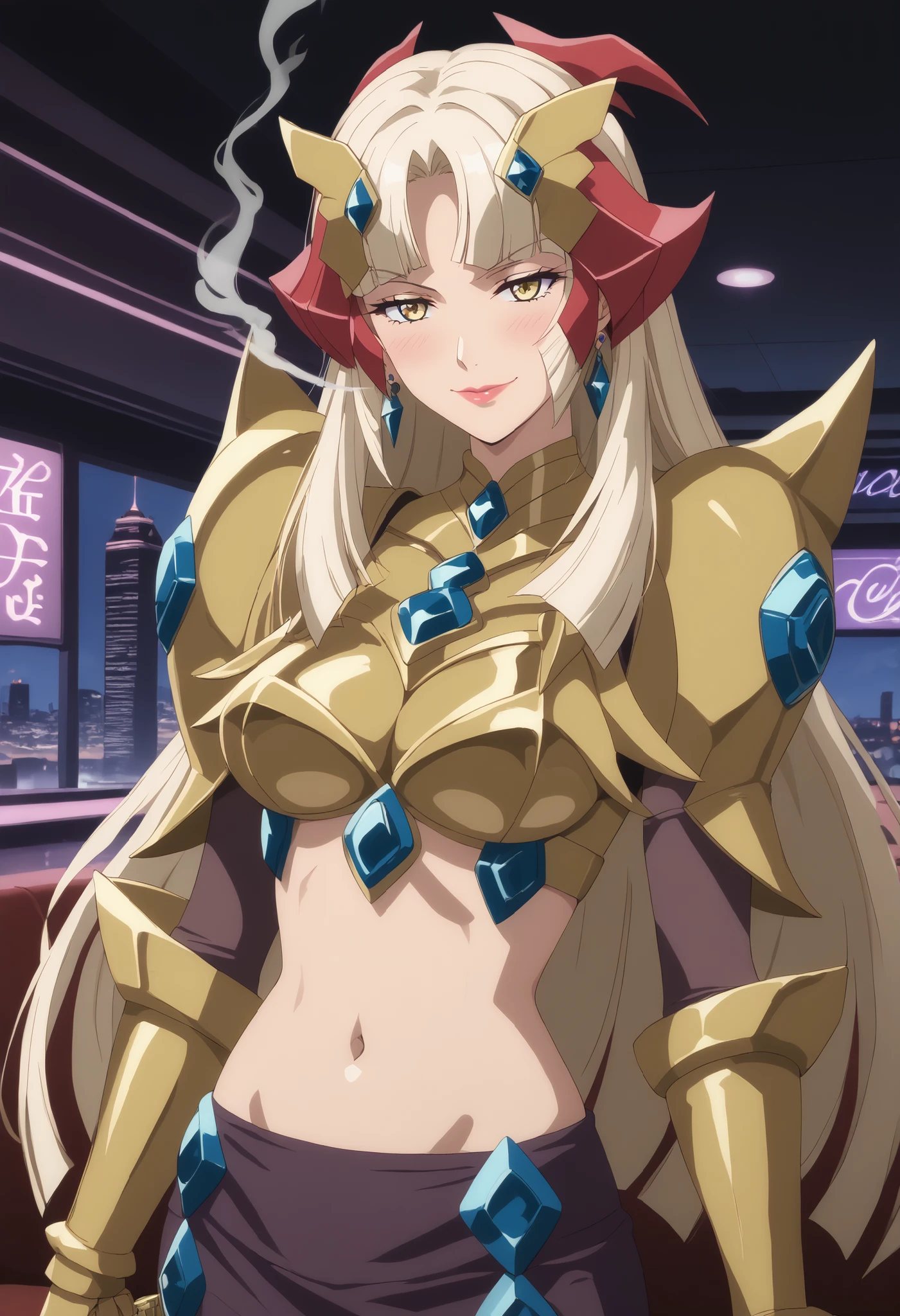 fine beauty , finearmoryellow, Alone, 1 girl, long hair,, Blonde, yellow eyes, large chest, very long hair, , bangs, blunt bangs, gloves, , gauntlets, bangs, blunt bangs, , ear piercing, long hair, blush, lipstick,Hot girl, baddie, smoking, sensual, attractive, smile, belly button, gold armor with open chest, nail, gem, pencil skirt, standing, s watching viewers, evil expression, malicious laugh,, ear piercing, long hair, blush, lipstick,Hot girl, baddie, smoking, sensual, attractive ,bar background, inside bar,indoors, cityscape, casino, nightclub, city lights, , , , dragon tattoo , narrowed eyes , tattoo midriff ,, holding a gun, holding pistol, , dragon tattoo , narrowed eyes , tattoo midriff , anipai_style , anime screencap , anime coloring
