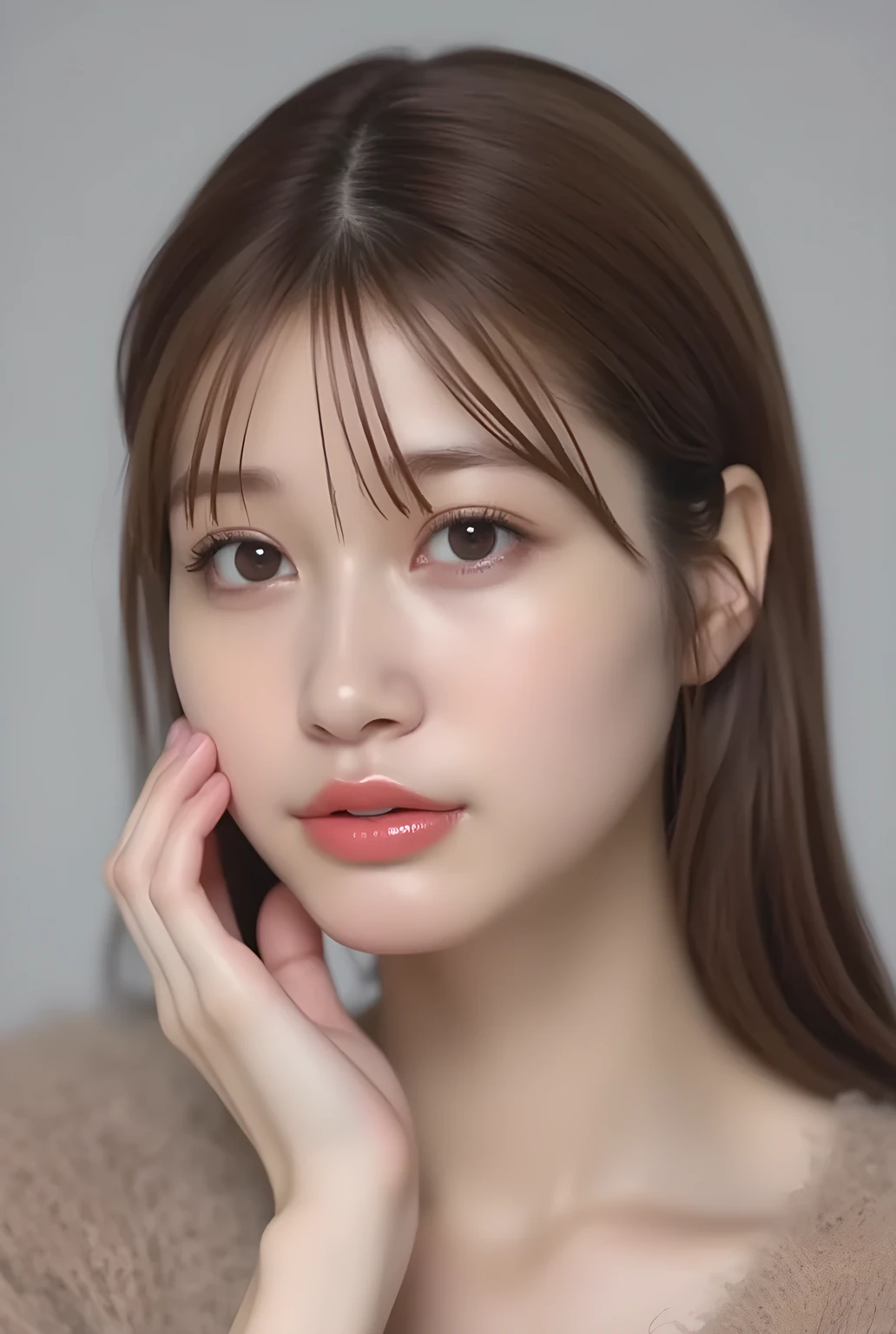 ultra-realistic, photorealistic, best quality, 8K, top-quality, masterpiece, ultra-detail, super high resolution, Improvement of quality, Enhances the beauty of skin texture, Clean and glowing skin, Smoother lighting, Improving the quality of cinema lighting, Backlight, A gentle light for face, 32K, 1girl, solo, Meru Nukumi, small head, perfect female body, Skinny, Slim Waist, large breasts, detailed skin, smooth skin, (fair skin, white skin:0.5), Beautiful Lips, Beautiful Face, (White Collared blouse), High resolution, Natural look, Improves hair quality, Delicate light and shadow, Beautiful Eyes, Sharp details, Soft light reflection, Delicate skin tone, Fine hair texture, beautiful hair, pink cheek, Light Smile, Beautiful and perfect face, perfect anatomy, Kind eyes, (beautiful black eyes, beautiful detailed eyes, detailed eyes:1.2), gray background, meru_nukumi, meruru_flux, nukumi_meru_flux_, Upper Body:1.3, Portrait, from front, beautiful detailed face, face focus,