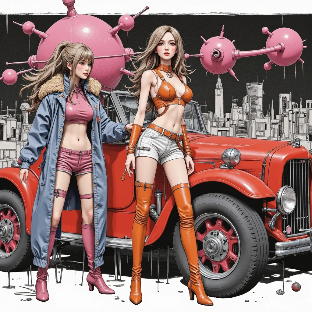 (masterpiece, top quality, best quality, official art, beautiful and aesthetic:1.2), painting of a woman on a motorcycle next to a gas pump, colorful,highest detailed, painting, arafed woman in a red, pinup art, pin - up, pin-up, pin-up poster girl, pin up girl, artgerm girl pinup, pin up, pinup girl, dieselpunk art style, inspired, 8 k hd detailed oil painting, at a city street, photorealism,