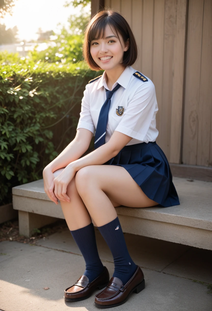 (Only one person), Pure Japanese school girl, outstanding body, beautiful legs, wearing uniform, (panty), (shiny white tights), high heels, natural makeup and lips, thick eyebrows, natural short hair styles, sweet smile, lift up skirt, sitting outdoors, spread wide legs, soft sunlight, summer atmosphere, sexual attractive, sexual temptation, professional photography,
