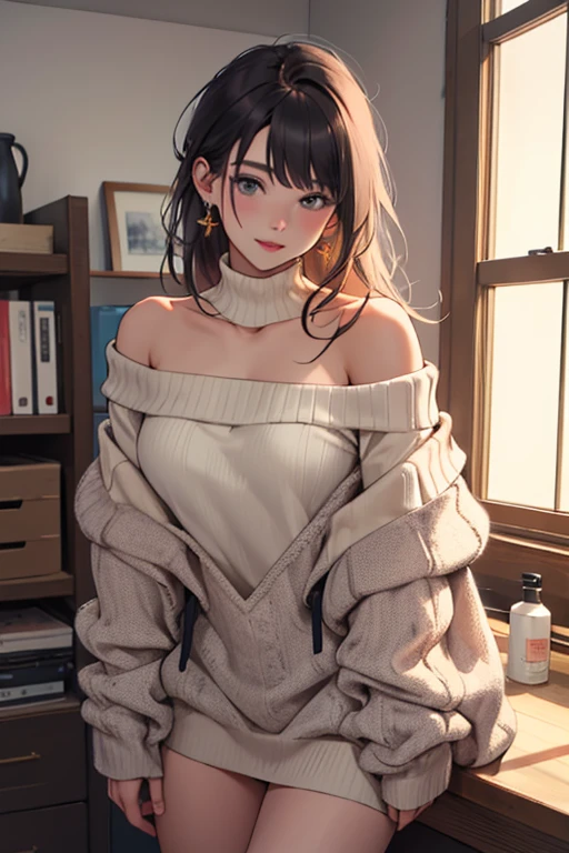 ((best quality)), ((masterpiece)), (detailed), 1girl, off-shoulder sweater,