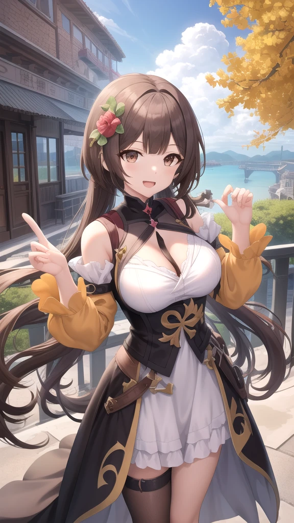 A woman with short dark brown hair, faint green eyes, smiling in a fantasy world forest, holding a fan with one hand, big breast (Mizuno Akane)
