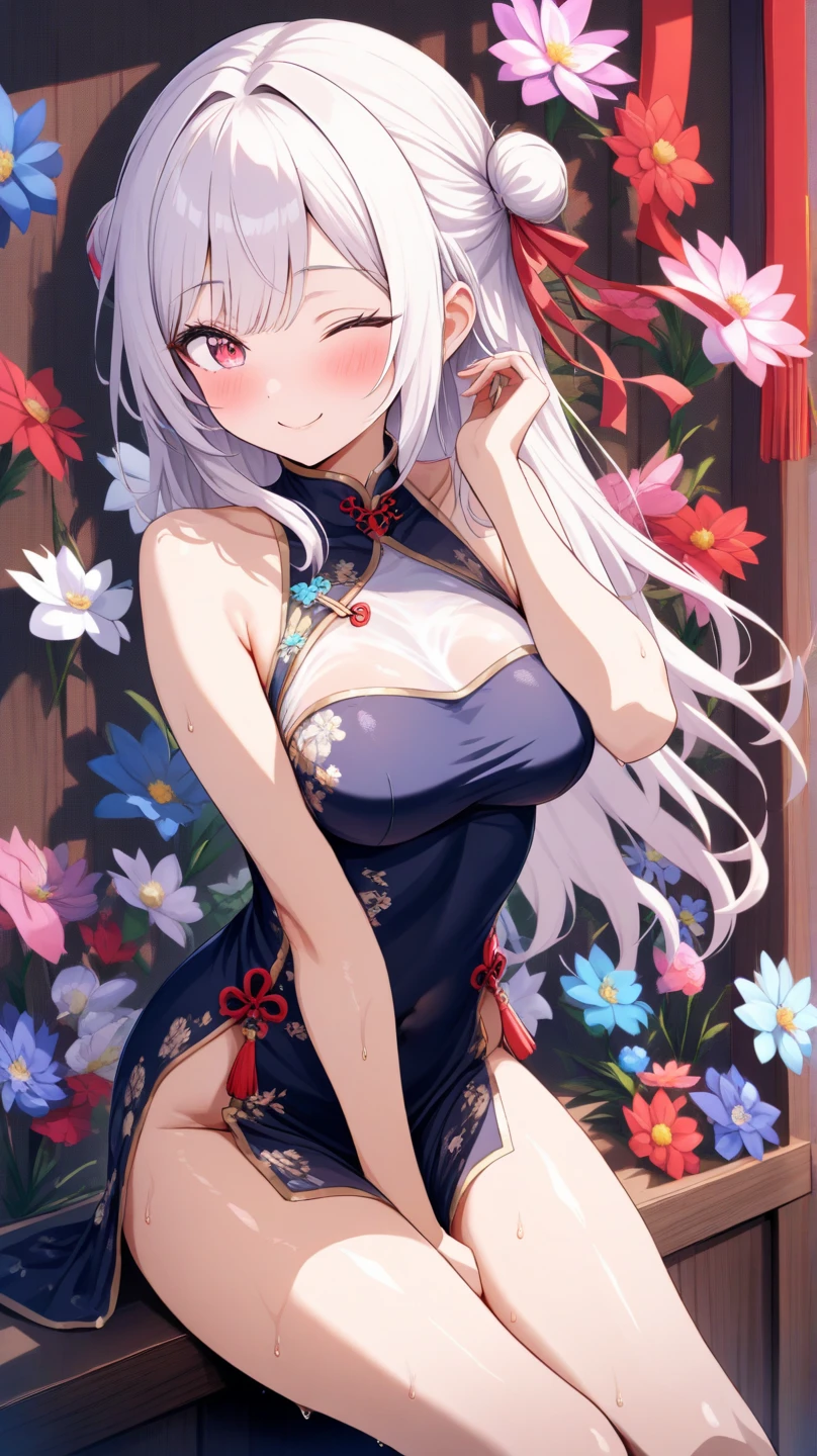 (top-quality、in 8K、32K、masterpiece、nffsw、Impresionismo:1.2)、cowboy shot、sideshot (Chinatown、Chinese style lantern:1.2)、(1The fox tail of the book grows:1.3)、realistic shadow、beauitful face、blurry backround、 beautiful girl、(Beautiful silver hair)、(poneyTail:1.2)、cheongsam in white color、Floral hair ornament、Deep green eyes、Fox ears、thighs thighs thighs thighs、A smile、