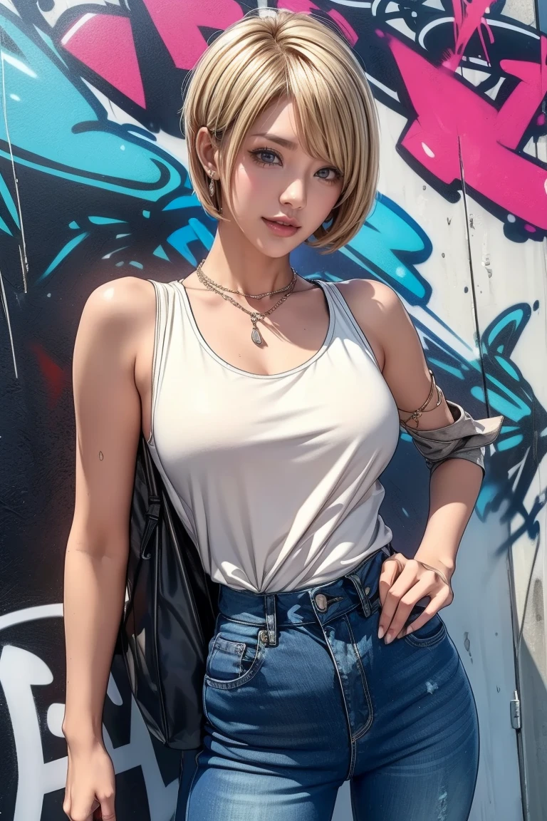 (masterpiece), best quality, expressive eyes, perfect face, highres, 1 girl, solo, android 18 girl, (female body:1.3), blue eyes, blonde short hair,parted hair,short hair, black shirt, jeans, layered shirt, white sleeves,orange bandana, blue sneakers, green socks, brown belt, red patch, outdoor, landscape, sitting on floor, portrait, looking at the viewer, An exquisite masterpiece of top quality and high resolution featuring Marnie. Big sleepy eyes, Aqua eyes、Glowing under the dim light. black short hair, magazine style, dark backbround