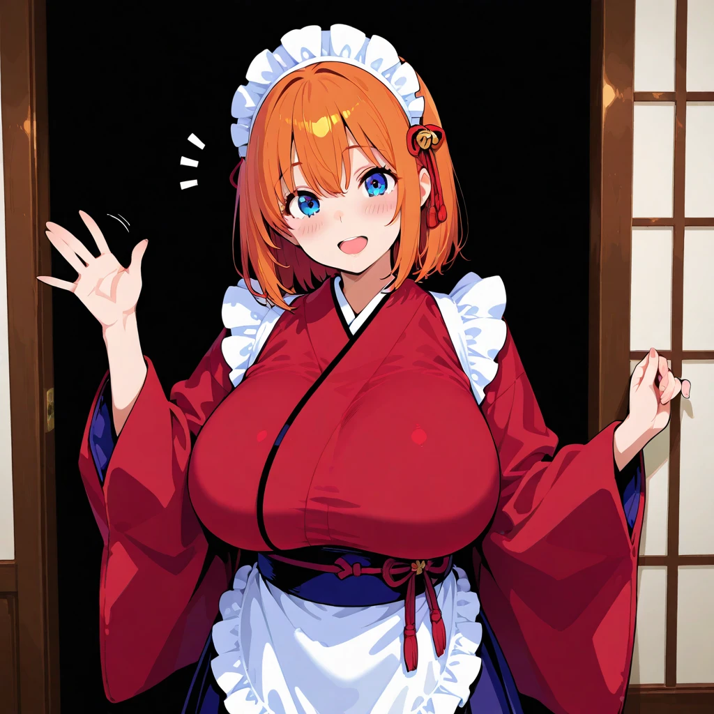 best quality, masterpiece, highres, solo, {white kimono:1.35}, {red hakama:1.35}, {wide sleeves:1.20}, {hiyori_kotobuki_imocho:1.15}, short_hair, wings, breasts, hair_bow, bow, cleavage, orange_hair, red_eyes, open_mouth, brown_hair, medium_breasts