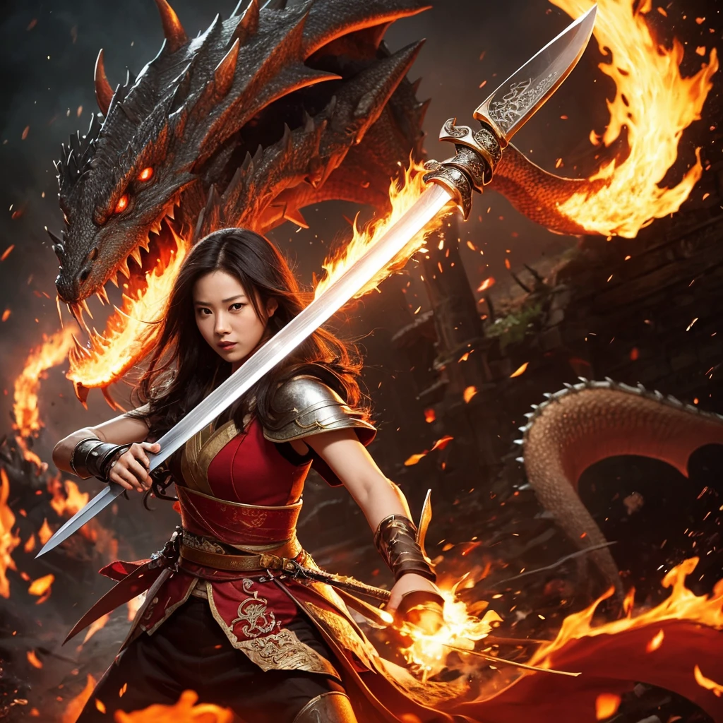 women With strong armor.
holding a long, drawn katana.
a huge dragon is seen spewing fierce flames.
dramatic background of fantasy warfare, dim light, flaming fire effect.
