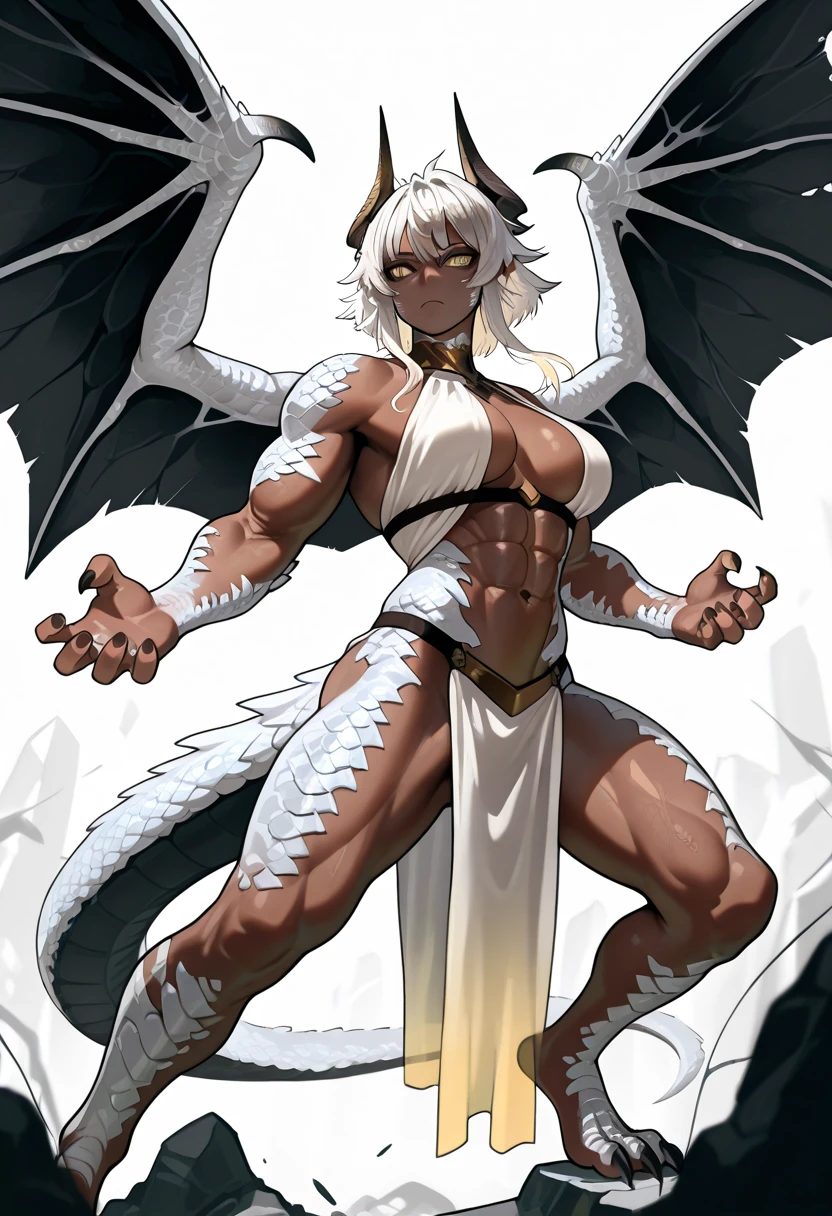 Oni girl with extreme muscular body, gigantic muscular arms, gigantic muscular tights, gigantic erect penis, oni horns, red demon wings, red demon tail, cleopatra outfit, red skin, white hair and gigantic breasts.