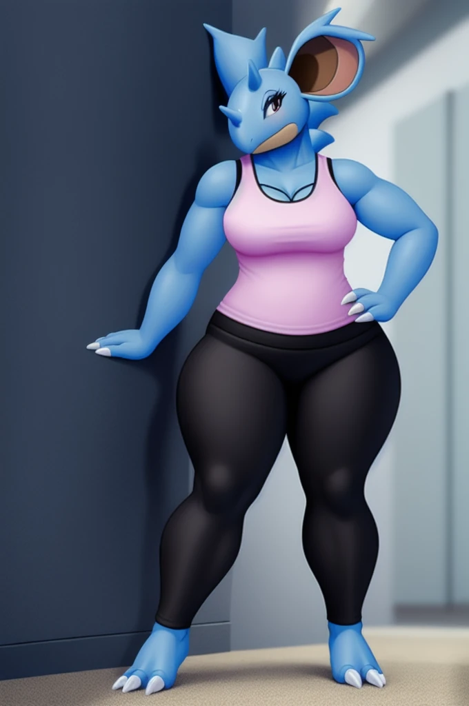 by darkgem, by duase, by kevinsano, solo, 1girl, undyne, blue skin, black eye patch, female, older woman, smooth body, athletic, buff, wide body, wide hips, thick thighs, big arms, heavy breasts, nipple outline, highly detailed eye, (slit pupil), (black pupil:1.3), milf, tank top, bare midriff, cleavage, large areolae, mom jeans, lowrise jeans, bare midriff, visible thong straps, Masterpiece, best quality, absurd res, highly detailed, cleanly drawn eyes, park environment, sharp teeth, yellow teeth, huge teeth, laughing, black lipstick, standing upright, casual posture,