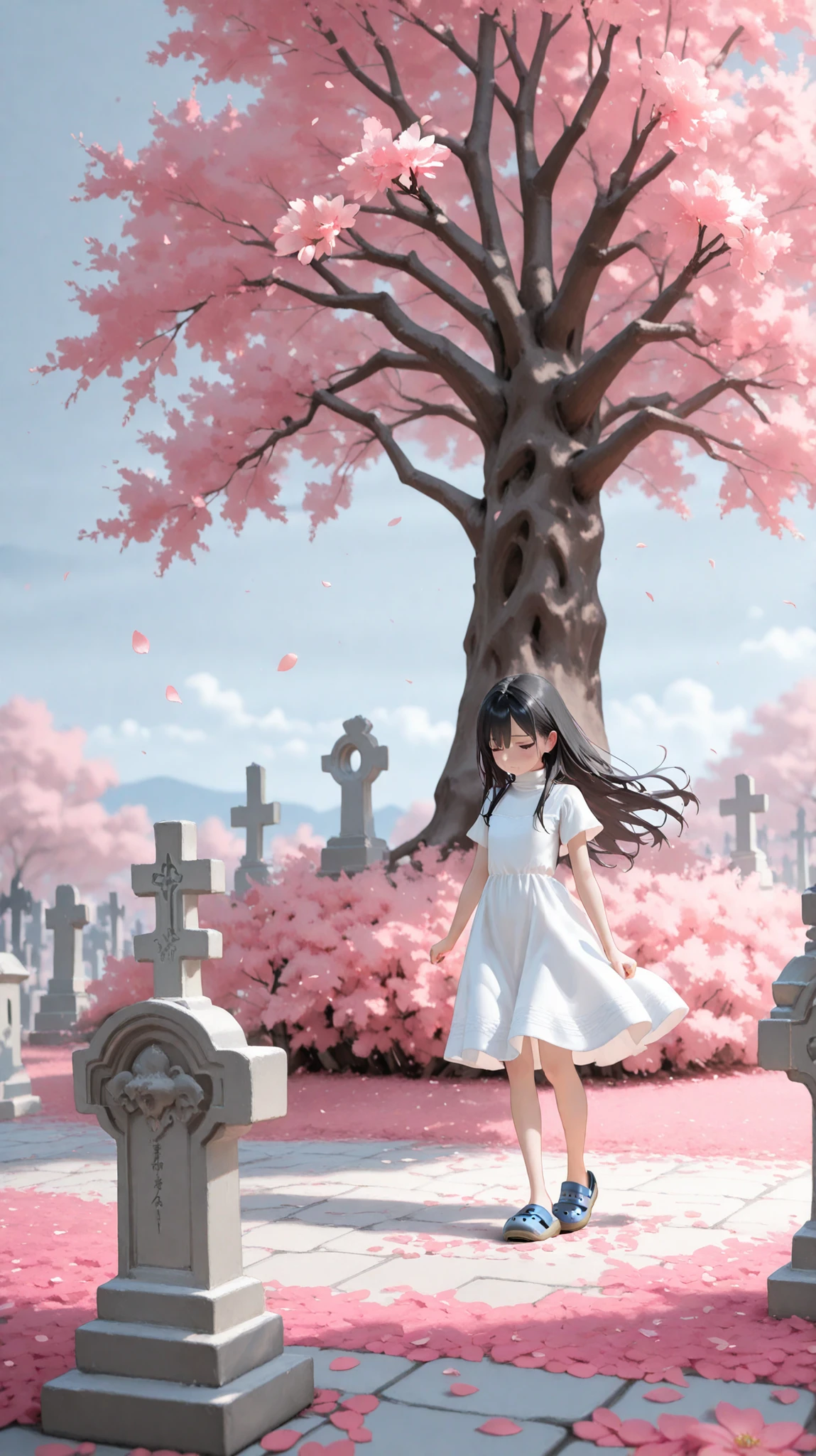 UHD, Super Detailed, High Quality, Best Quality, Masterpiece, detailed background, High Resolution, Anatomically Correct, 1girl, petite,skinny. A 14-years-old junior high school girl, pony, long black hair, she wear a white turtleneck sun dress, short sleeves, and crocs shoe. she standing at graveyard full of the cherry blossom trees, pink flower petals blown by the wind, the ground is filled by flower petals, looking away, half-closed eyes, she grieves infront of a Japanese grave and looking down, from side, the shot was taken from a distance where it also captures the scenery dramaticly, Wide Shot, F/1.2, head level, sad, on the side of view