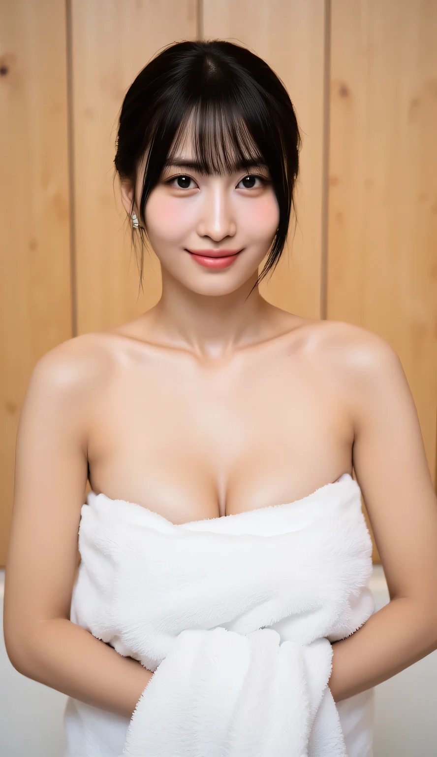 Masterpiece, Best-quality, RAW-photo, Ultra-High-Resolution, Photorealistic, (Anatomically correct, 22-years-old, Realistic Japanese girl, photographer's lover, She truly loves photographer, , cute face, Slender body, slim waist and busty body, Slender legs, Realistic skin), ((take a bath)), ((wrap a towel around body:1.3)), (maiko, Round face, Black hair, Moist eyes, Shining eyes, Short bob cut, Bangs, Down-slating eyebrows, one little earring, Light blush), (See photographer, look at viewer, standing, she is soaking in a hot spring bath), (goddess smile, pamper someone you love, facial expressions that seduce men), (Japanese hot springs, open-air bath), Natural lighting, bright lighting, professional lighting, (front lighting), natural smile, fair skin, beautiful thighs,