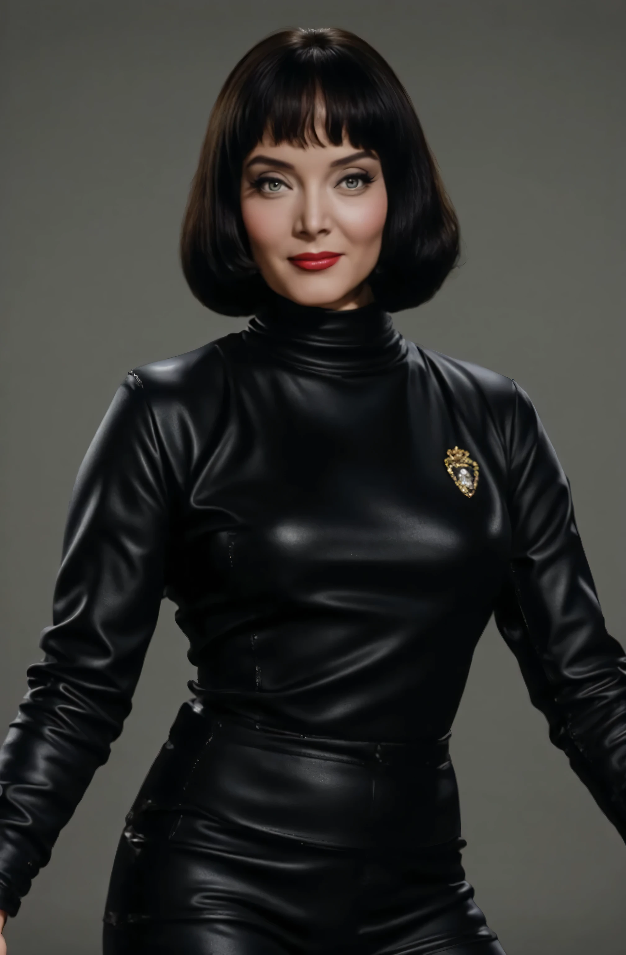 最high quality, 8k, Vibrant, Sharp focus, high quality, High resolution, 40 years old, (Whole Body Ezbian), (High heels face detail, Highly detailed eyes, ((big 1.6))、(((Large Breasts)))、((Black leather clothing))、((Bob Cut Shorthair))、((Roppongi cityscape))、